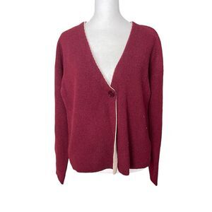 Kier + J Large Cardigan Sweater Cashmere Burgundy One Button Ribbed Crop